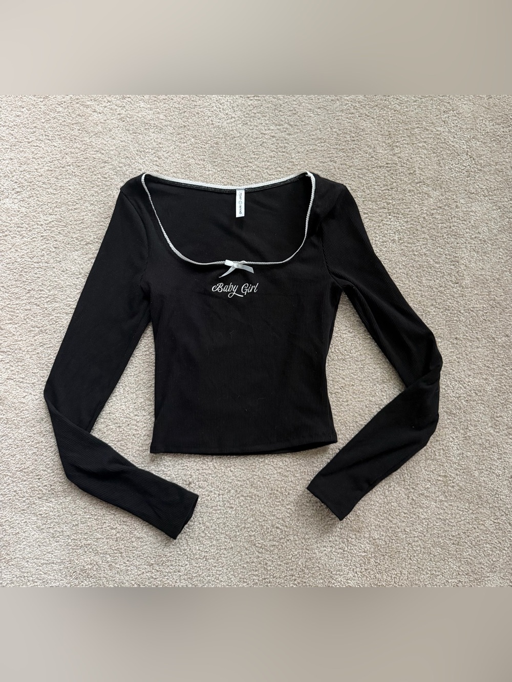 Baby Girl Black Ribbed Long-Sleeve Scoop Neck Top